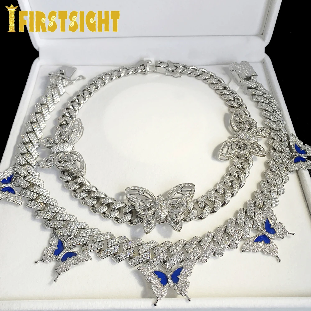 

New Iced Out Bling Blue Enamel CZ Butterfly Pendant Necklace Miami Cuban Link Chain Butterflys Choker Hip hop Women Jewelry
