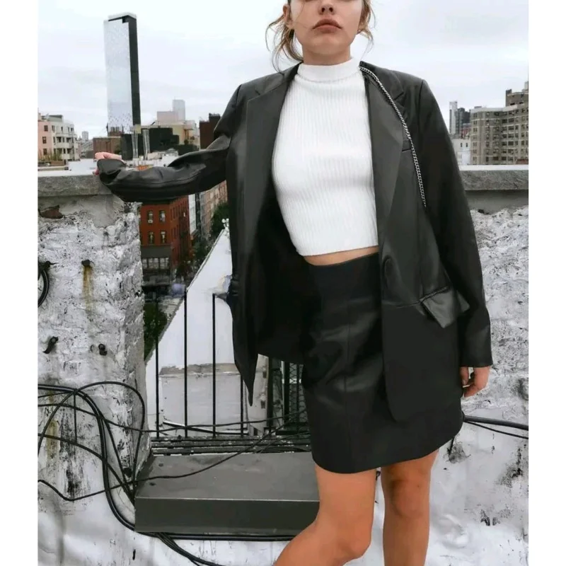 

Autumn New Arrival Women's American Sle Long Sve Straight Tube PU Leather Effect Suit Jaet Casual Faion Ele