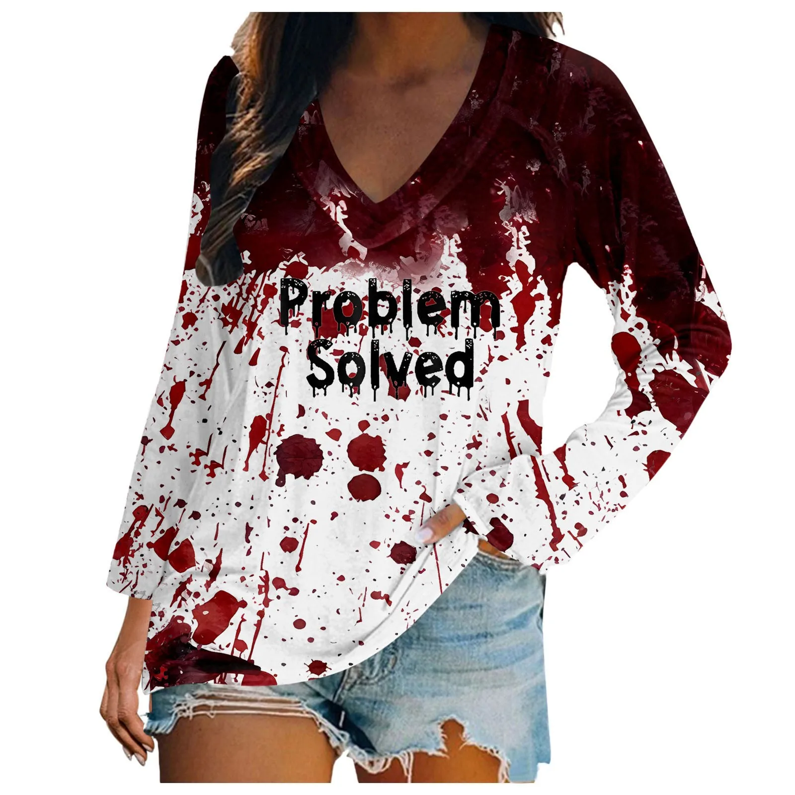 Back To School Anime Halloween Long Sleeve Women Top Trend Vintage Oversize Y2k Clothes Horror Bloodstain Graphic V-Neck T-Shirt