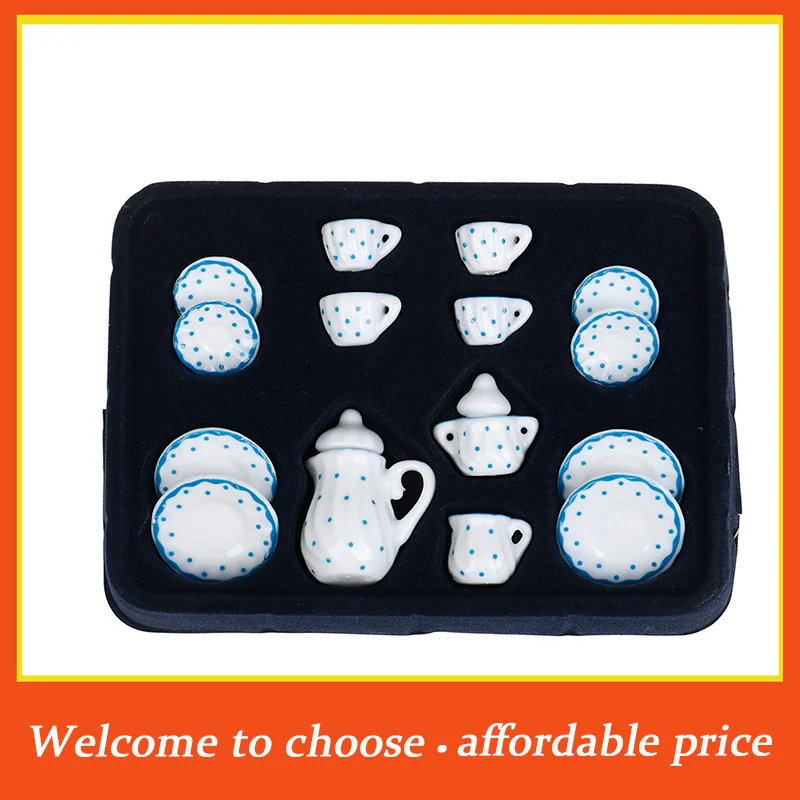

*15Pcs high quality 1:12 Dollhouse miniature blue dot tableware porcelain coffee tea cups set