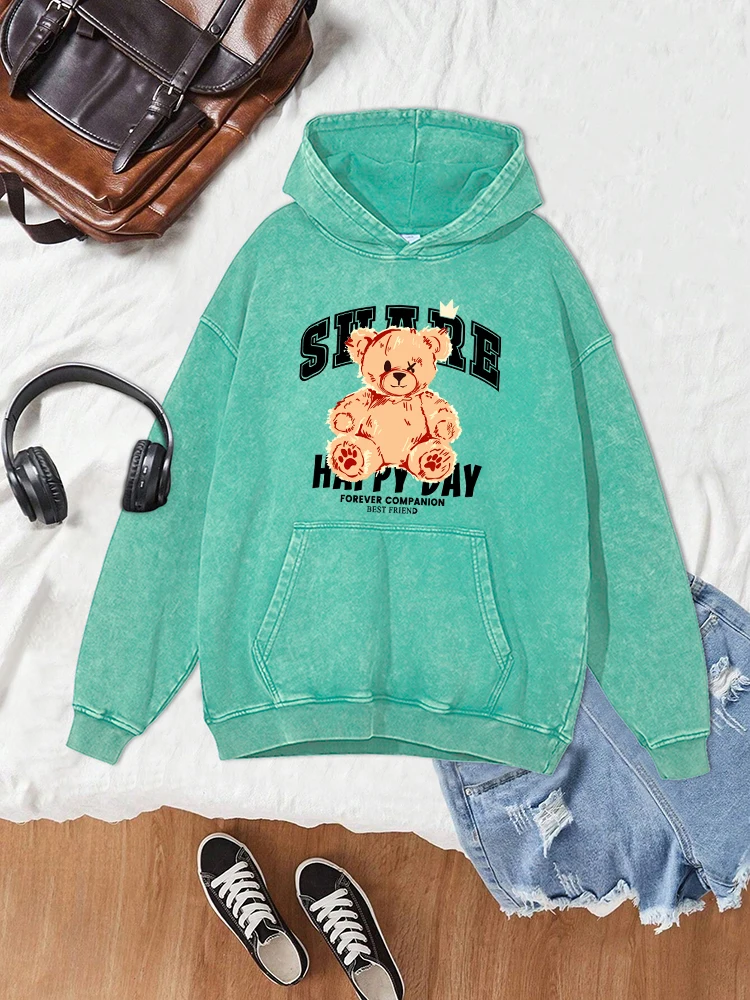 Happy Day Cartoon Bear Printing Womens Distressed Washed Cotton Hooded Hoodie Street Versatile Autumn Warm Fashion Soft Clothes