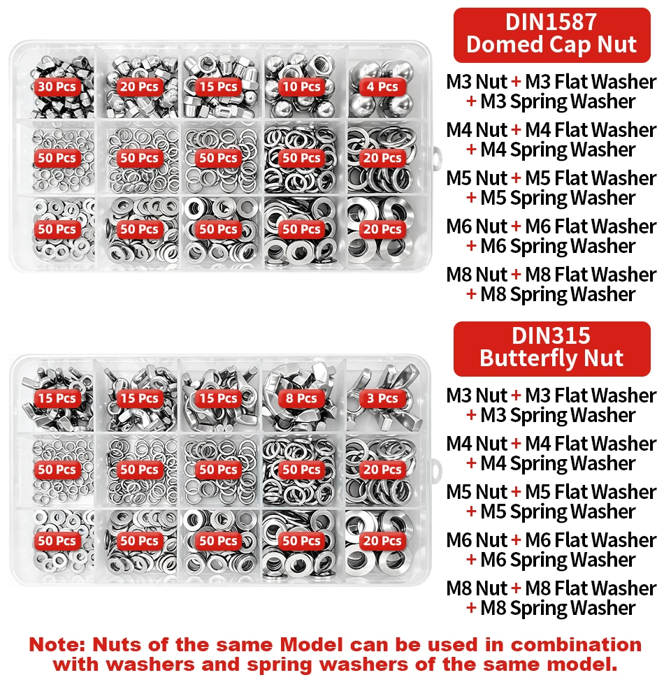 Edelstahl-Mutter-Flachfederscheiben-Kombinations-Box-Set SS304 M3-M8 DIN934DIN985DIN1587DIN315 Sechskant-Sicherungskappe Flügelschrauben-Set – Detail 5