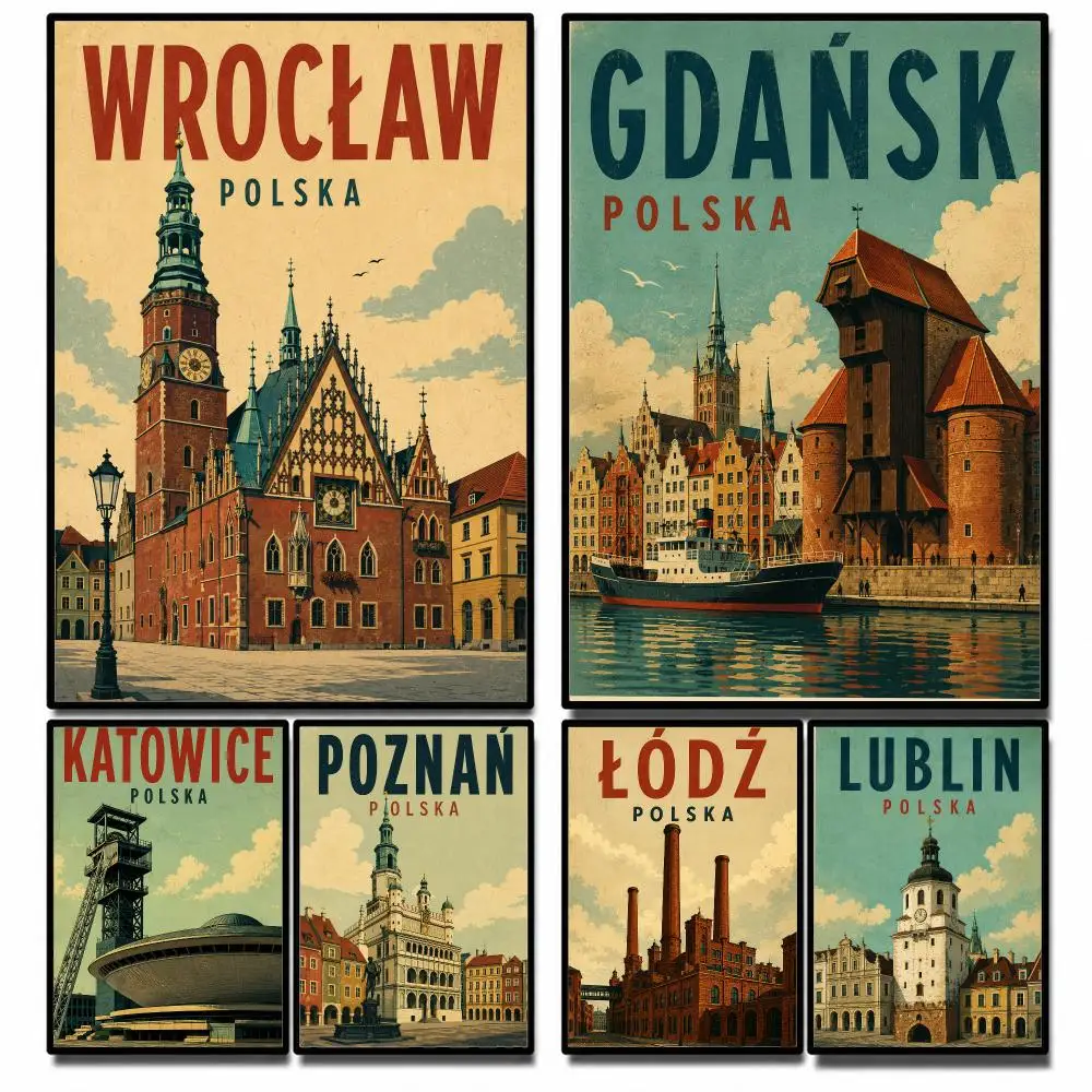 Pattern Vintage Poland City Poster High-definition poster stickers, suitable for bedroom, living room, home decoration