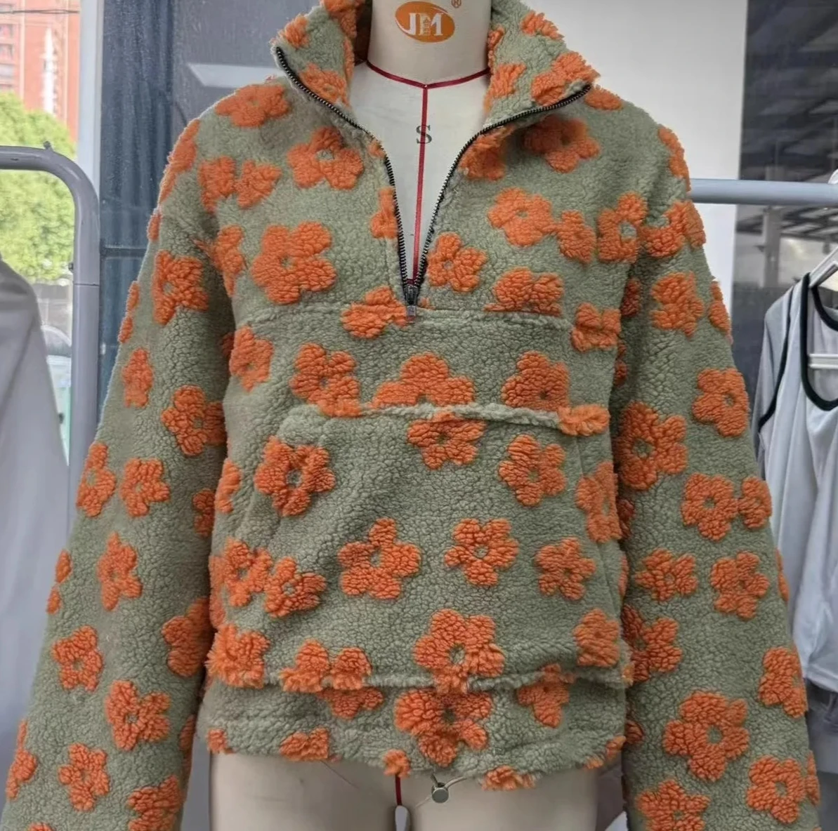 Faionable 2025 Spring Women's Lamb Fur Printed Hoodie Top Long Sleeve Loose Fit Zipper Closure Casual Streetwear Coat Jacket