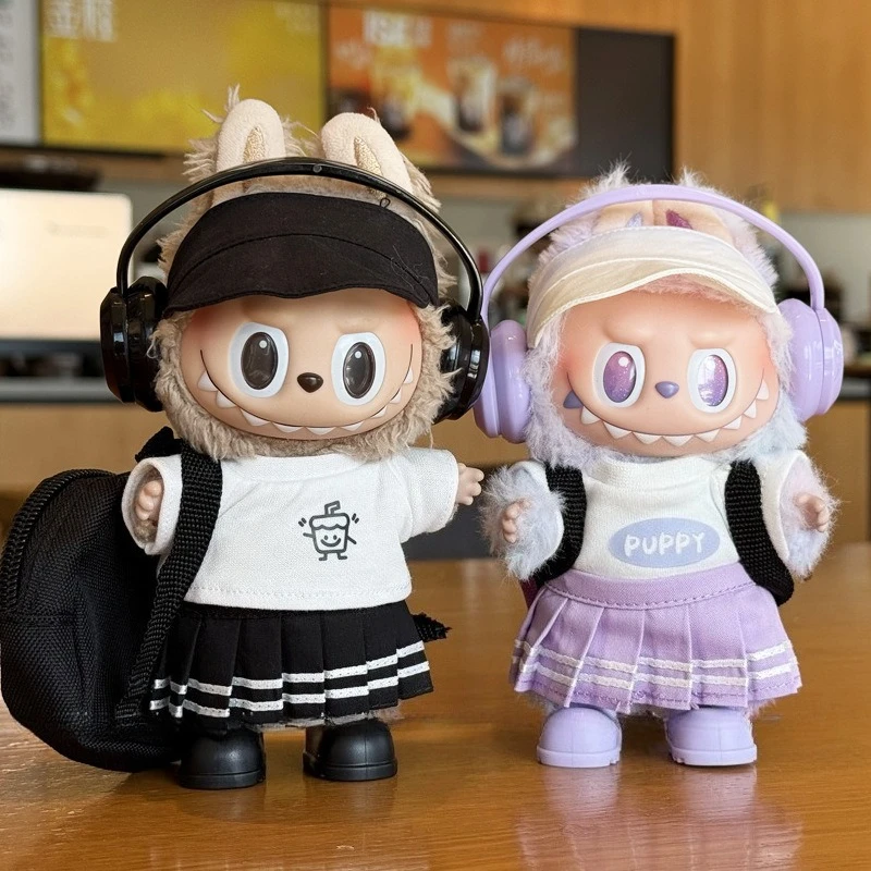 

For 15-17cm Cute Labubu Dolls Clothes Black Purple Earphones T-shirts Shorts Outfit Clothing Labubu V1 V2 Diy Toys Accessories