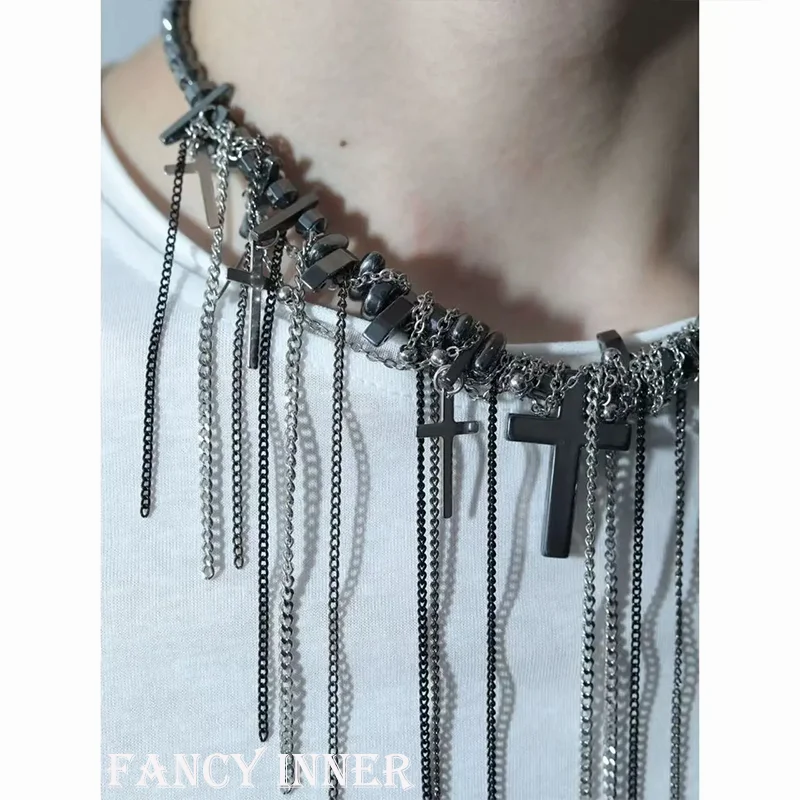 2025 New Punk Necklace Metal Chain Tassel Cross Beaded Black Stone Hip Hop Unisex Neck Accessaries for Women Men Jewelry