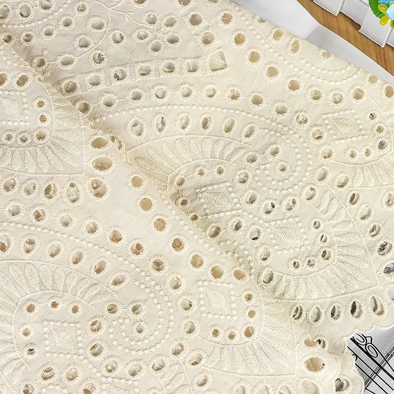 New Beige Cotton Fabric Full Width Symmetrical Hollow Embroidery Hanfu Dress Skirt Flower Embroidery Fabric