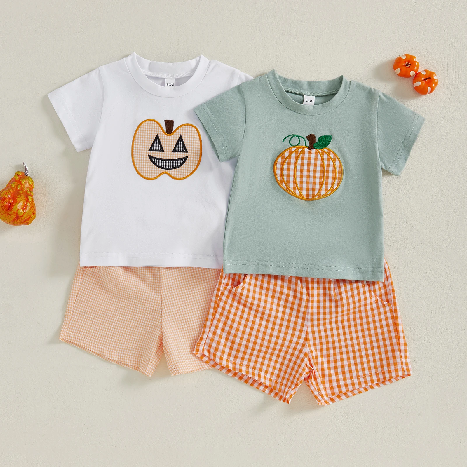 

2025-04-19 Lioraitiin Baby Boys Halloween Outfits Pumpkin Pattern Short Sleeves T-Shirt and Elastic Plaid Shorts Clothes Set