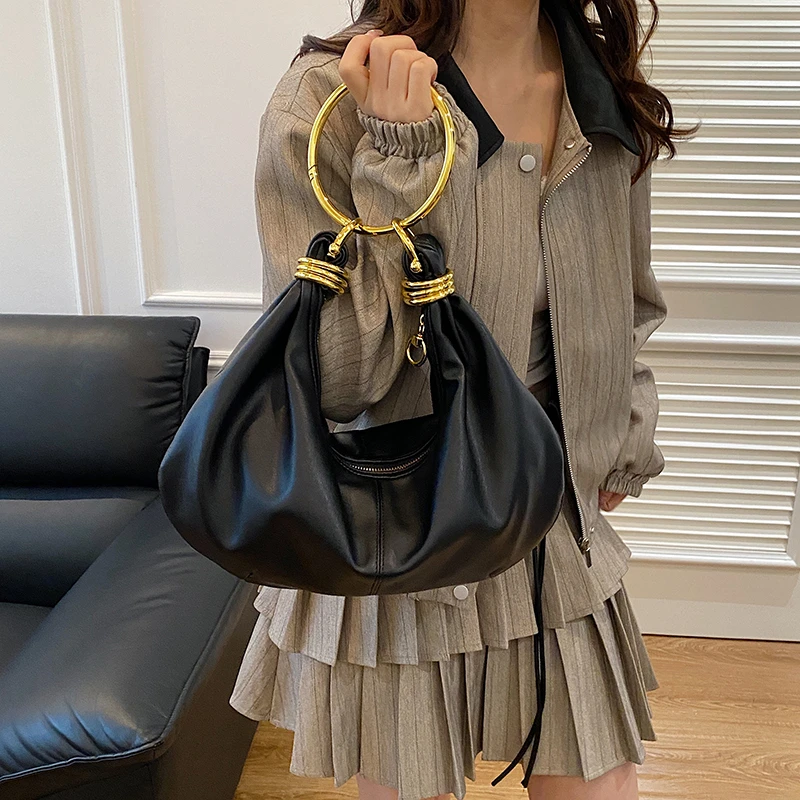 

Luxury Leather Hobo Bag Stylish Gold Ring Top-handle Shoulder Bag Elegant Ruched Design Crossbody Bag Women Party Anquet Handbag
