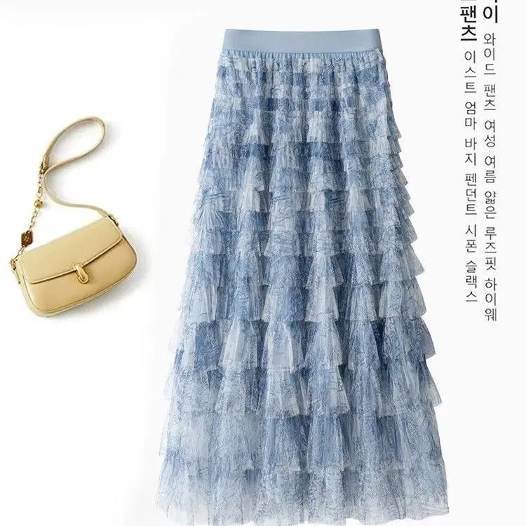 

Синяя плиссированная тюлевая юбка с высокой талией, весна-лето, новая пышная юбка-тортик, корейская юбка-миди из полиэфирного волокна для поездок на работу