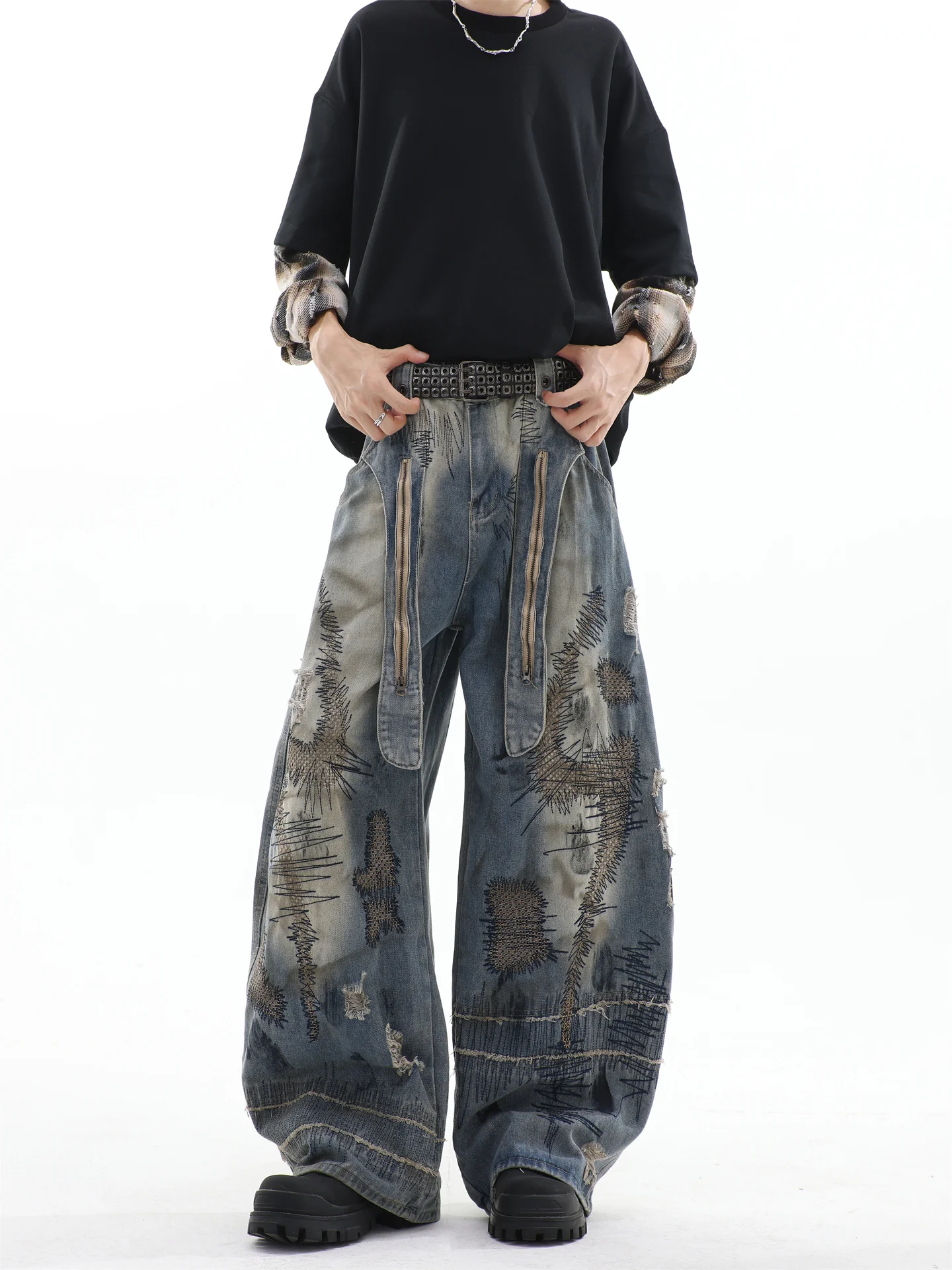 

Мужские джинсы Heavyweight Knife с вышивкой, широкие штанины, в американском стиле, повседневные, с эффектом потертости, в стиле хип-хоп, длинные брюки