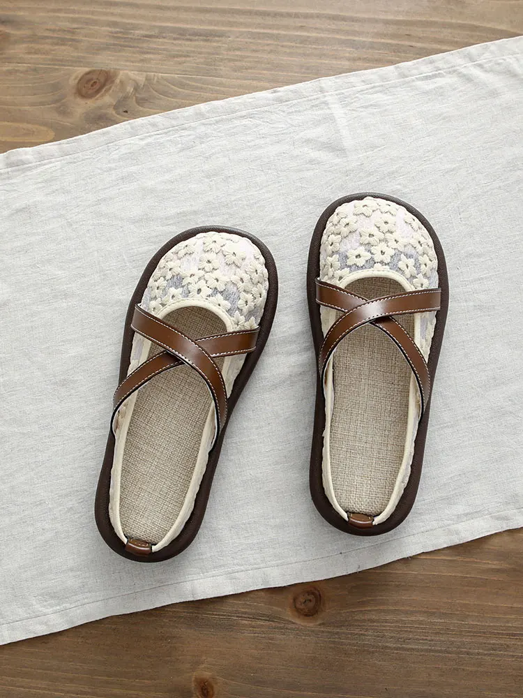 Women's Linen Outdoor Slip-On Shoes Breathable Mesh Flat Bottom Flower Cool Slippers Hollow Carving Hollow Design Comfortable