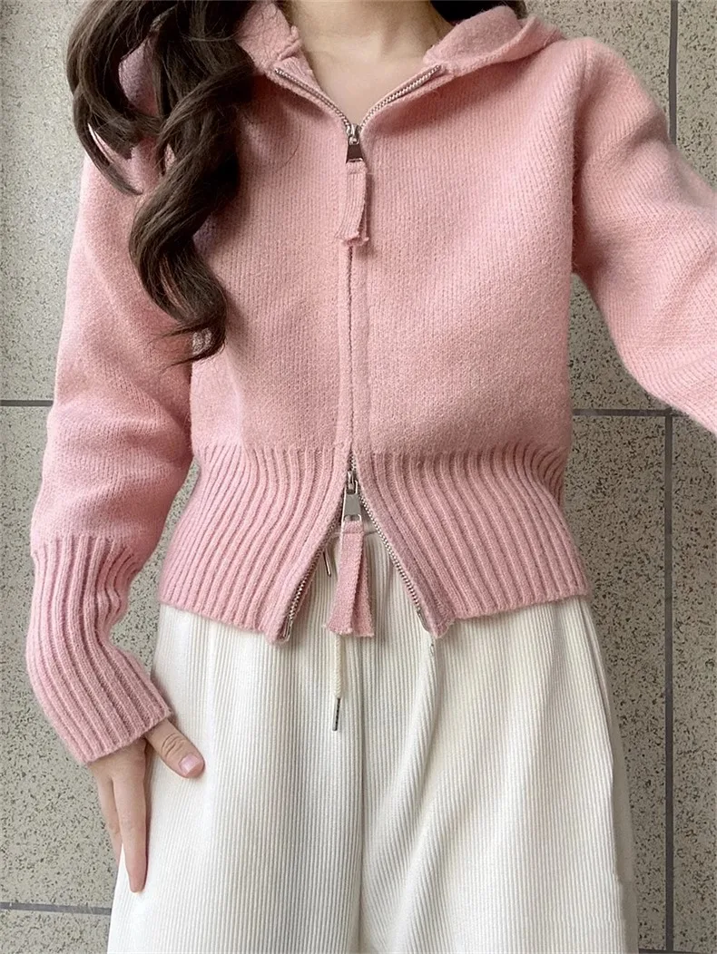 المرأة الوردي مقنعين سترة متماسكة الحلو العمر الحد مزدوجة سستة قصيرة نمط الكورية عادية الخريف الشتاء معطف شتاء القمم #3