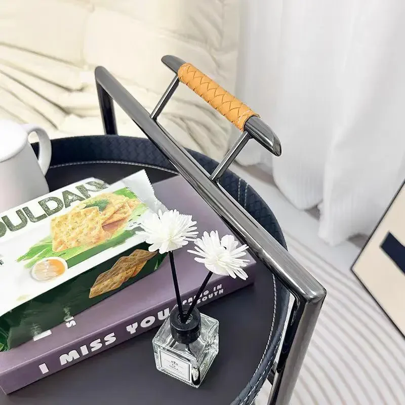 Round saddle leather trolley with wheels Movable sofa side table, trolley Saddle leather small coffee table