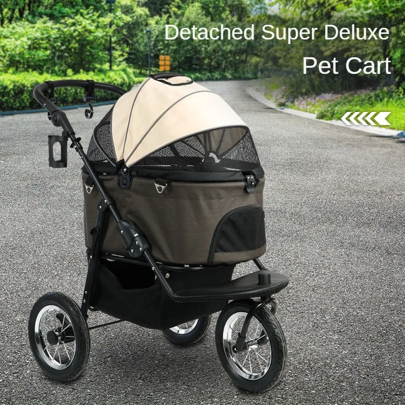 High-view Pet Stroller Portable Outdoor Foldable Pet Stroller Multi-function Detachable Hand Basket Three-wheel Pet Stroller