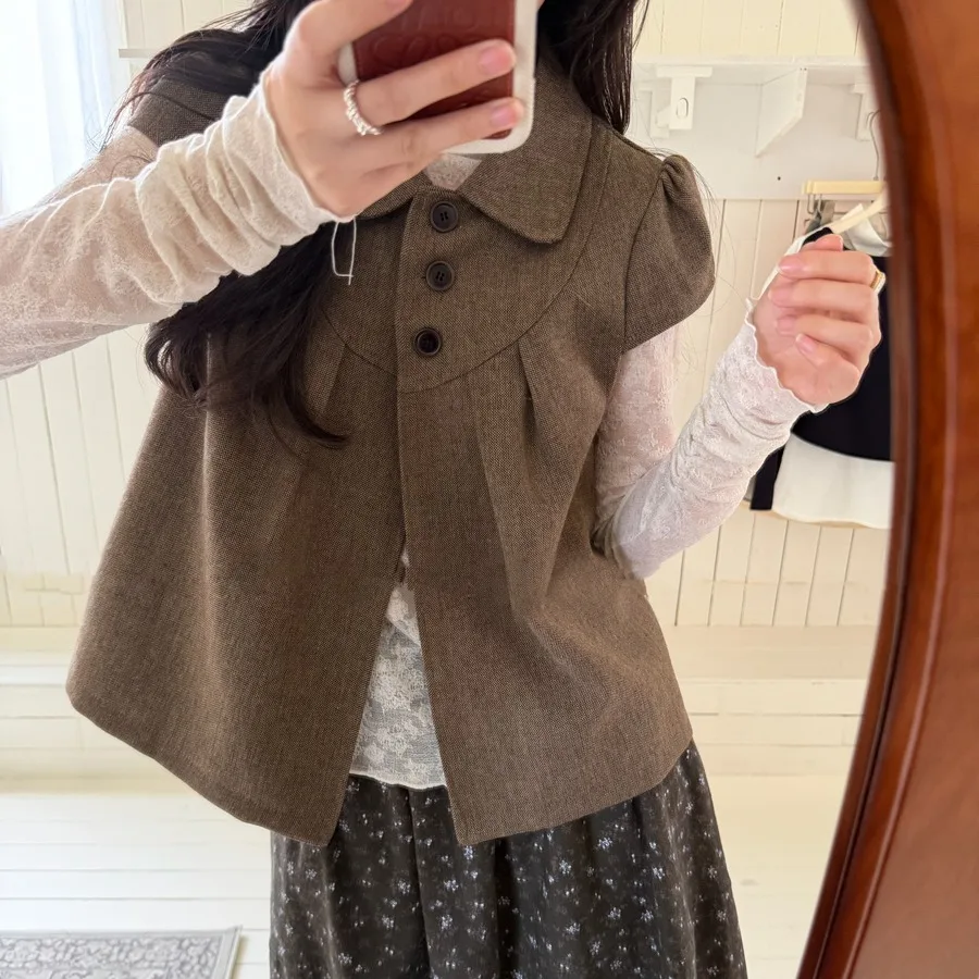 Korean Style Doll Collar Miniature Sleeve Vest Retro Shoulder Pad Jacket Women's Autumn Layered Lace Base Outer Two-Piece Set
