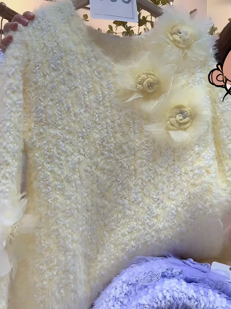 Blue Soft Sweet Sle 3D Flower Long Sve Knitted Sweater Autumn Winter High Faion Youthful Soft Cozy Women's Sweater