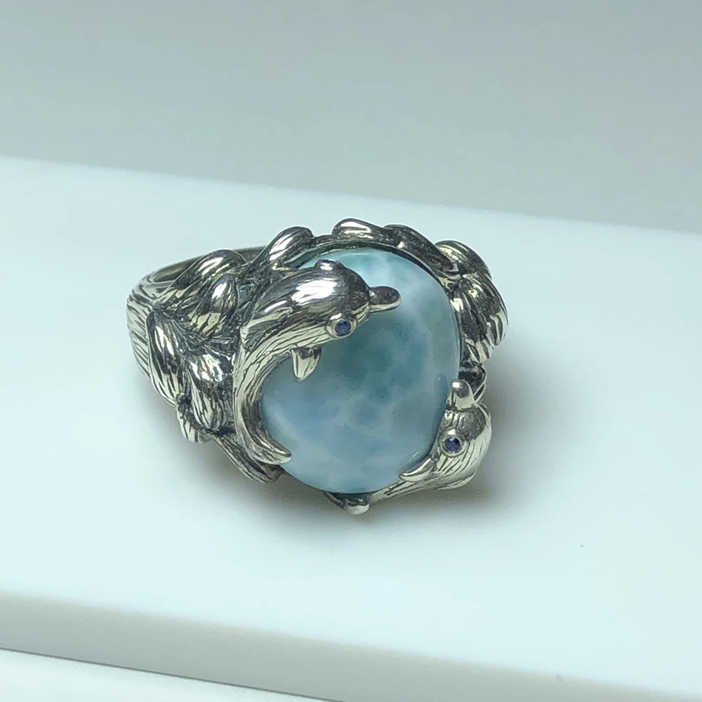 Natural high quality Larimar sea stone waves lovely dolphin ring ring ring ring Dominican gem