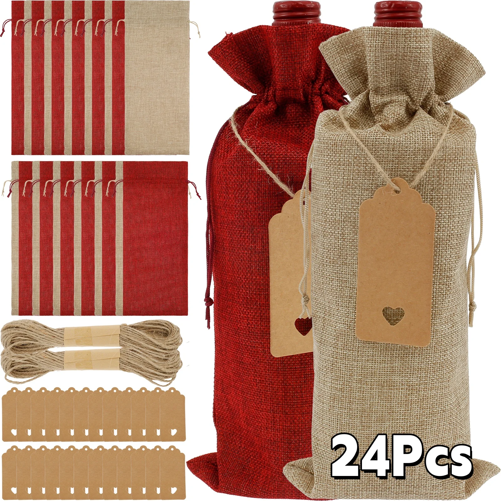 

24Pcs Burlap Wine Bags Jute Wine Bottle Bags with Drawstrings 750ml Reusable Wine Bottle Gift Bags with Tags for Party Weddings