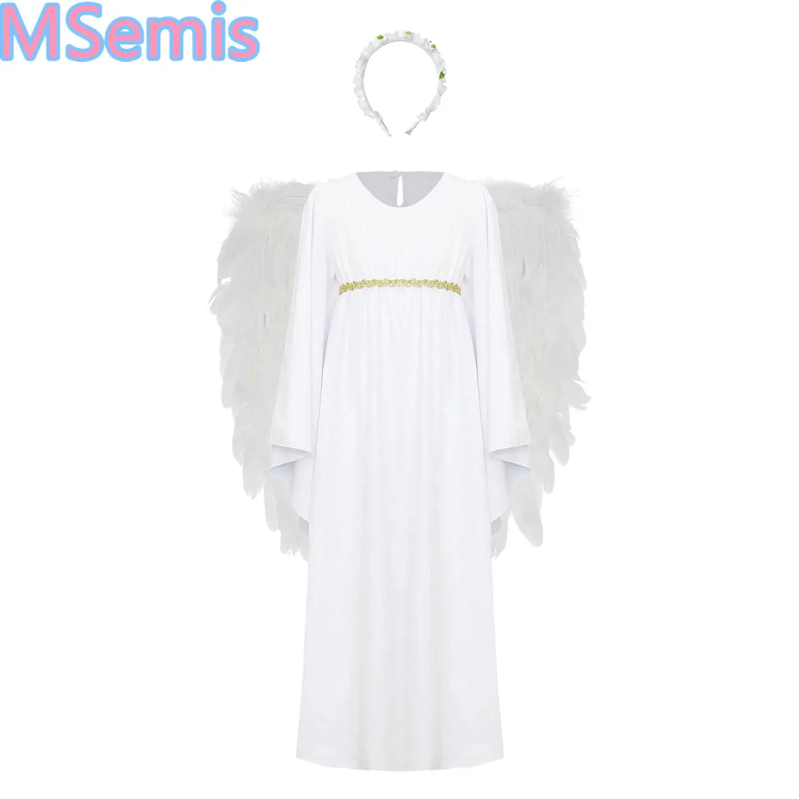 

Kids Girls Angel Dress Devil Costume Set Long Sleeve Round Neck Dress with Headwear Headband And Feather Wings for Halloween