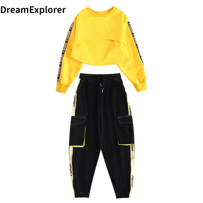 Hip Hop Meisjes Crop Top Contrast Straat Dans Cargo Broek Kinderen Sweatshirt Joggers Kids Streetwear Jazz Kostuums Kleding Sets