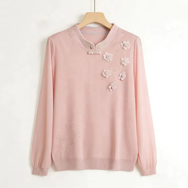 Elegant Middle Aged Women Knit Top 3D Flower Hot Drill Decor Long Sleeve Loose Fit Mother Casual Spring Blouse Shirt