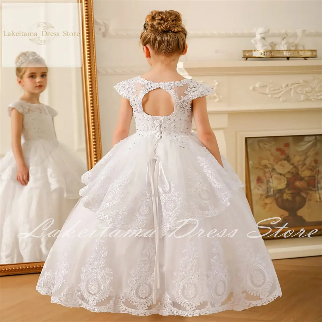 White Fower Girl Dresses For Wedding Cap Sleeves Pagenat Dress Long Toddlers Beaded Lace Applique First Communion Gowns