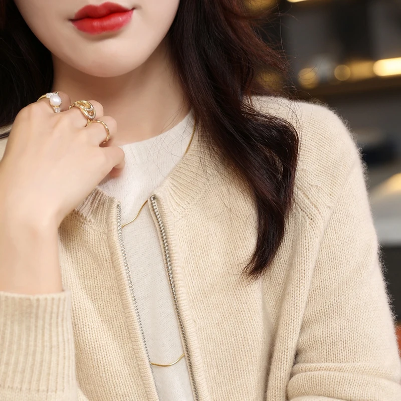 Women's cardigan autumn/winter new casual knitwear 100% pure wool round neck jacket fit Tops Japanese/Korean style zipper Blouse