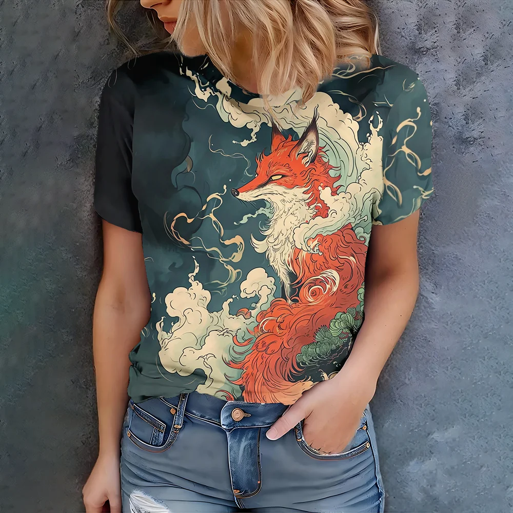 

Oriental fantasy style red fox paired with traditional cloud print daily casual fashion women's summer short sleeved T-shirt