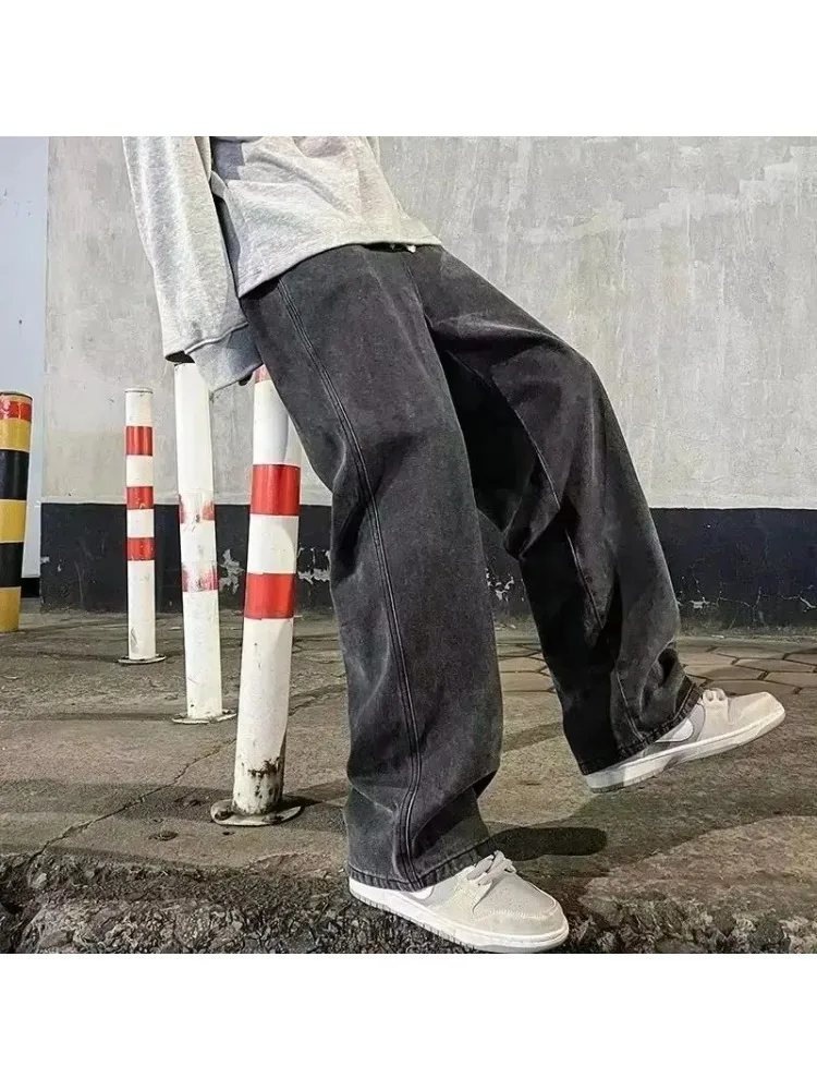 2026 nieuwe streetwear losse jeans heren koreaanse stijl mode losse rechte wijde pijpen broek heren merkkleding zwart lichtblauw - afbeelding 2