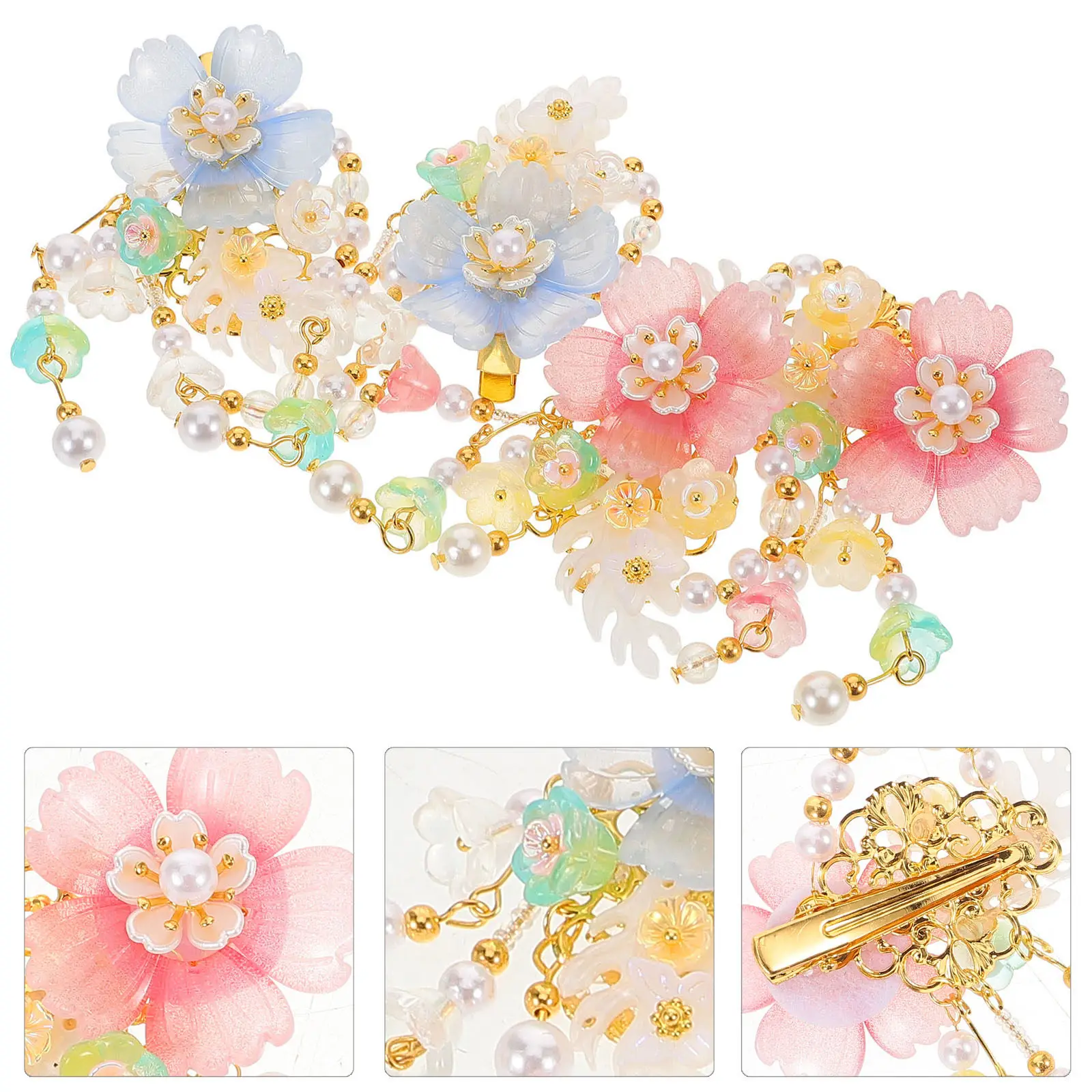 2 Pairs Hair Clips Floral Ancient Chinese Pin Flower Tassel Accessories Hairpin Style