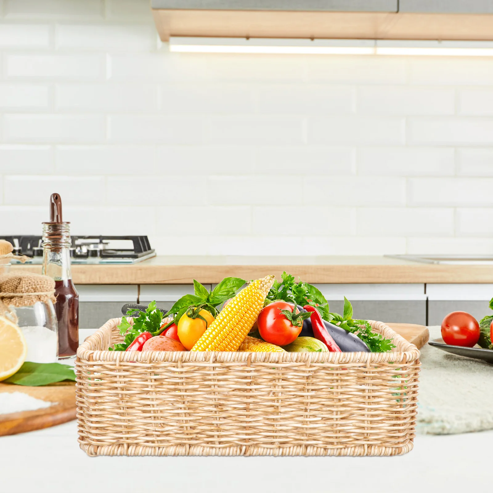 

Imitation Rattan Basket Storage Containers Small Woven Hamper Decor Plastic Home ganization Fruit Snack Bread Baskets Portable H