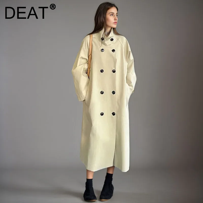 DEAT Fashion Khaki Simple Trench Coat Women's Stand Collar Loose Long Sleeves Double Breasted Gray Windbreaker New Tide 7AB8347