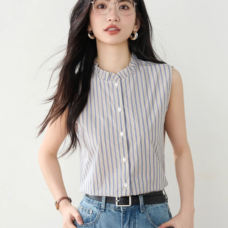 Camisa informal para mujer, camiseta sin mangas con una hilera de botones, ropa Popular coreana, Tops a rayas para primavera/verano 2025