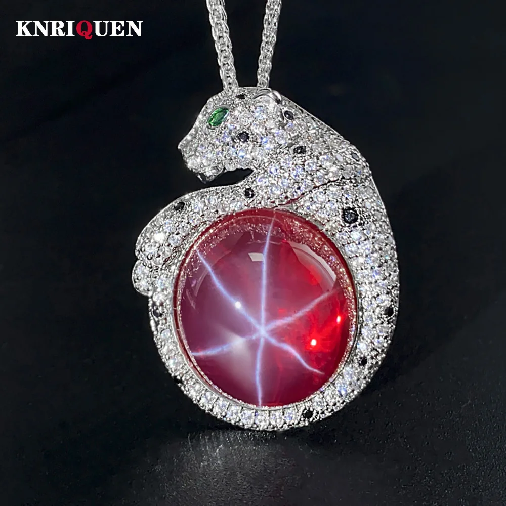 Hot Sell 18*20mm Ruby Leopard Hexagram Pendant Necklace for Women Gemstone Cocktail Party Fine Jewelry Vintage Accessories Gift