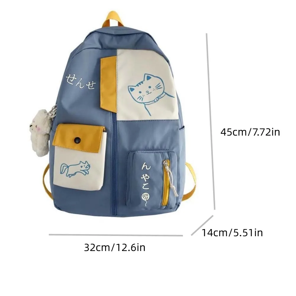 Sac à dos imprimé chat en nylon, grande capacité, polyester, dessin animé, animal, école, bouton, style japonais, étudiant, sac à dos, 03/3