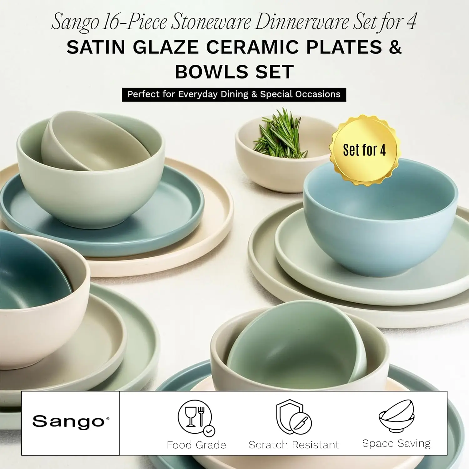16-Piece Stoneware Dinnerware Set for 4, Ceramic Plates and Bowls with Satin Glaze and Matte Finish, Durable Kitchen Dish Set, Microwave and Dishwasher Safe Dining
