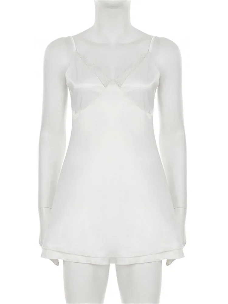 ホワイトレースVネックミニドレス女性バックレスファッションスパゲッティスリムパッチワークサテンY2kドレスサマーホルタードレス2025