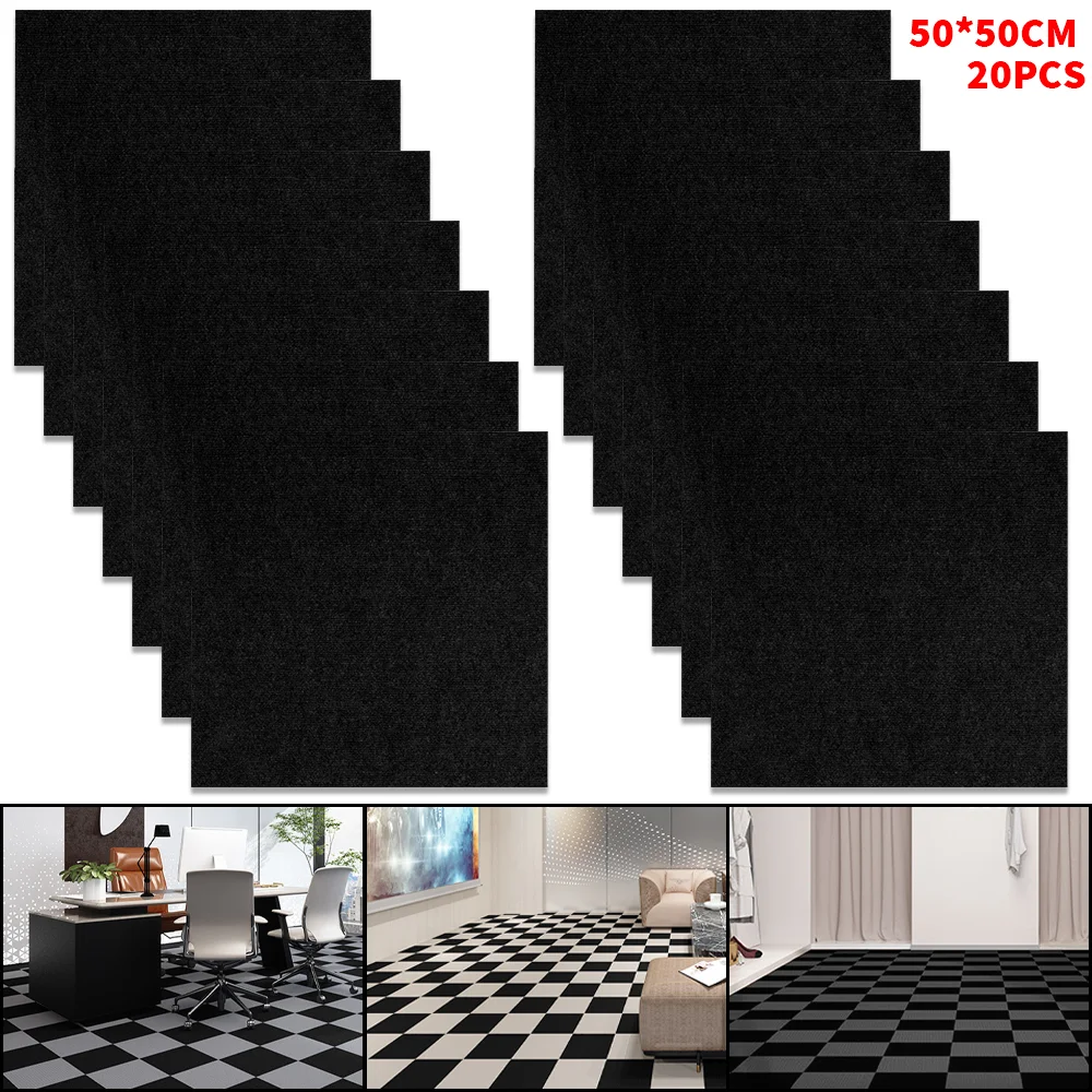 20x Self Adhesive Carpet Tiles Commercial Retail Office Home Flooring Floor Mat Black 50*50cm