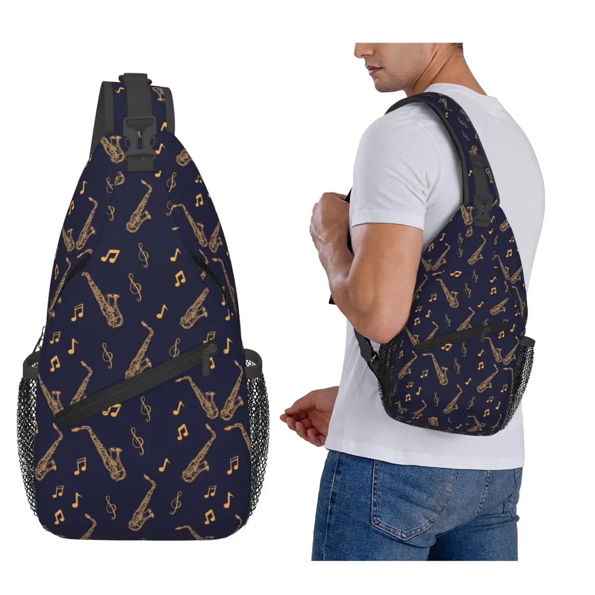 Musical Saxophone Pattern Chest Bag Men Sling Crossbody Backpack Chest Bag Travel Hiking Daypack Shoulder Bag