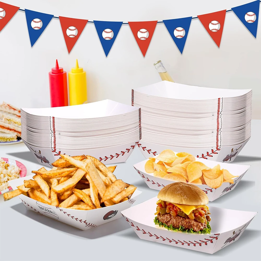 6/12/24pcs Baseball Theme Party Disposable Boats Food Serving Tray Hot Dog Trays Fried Chicken Burger Box Decorations