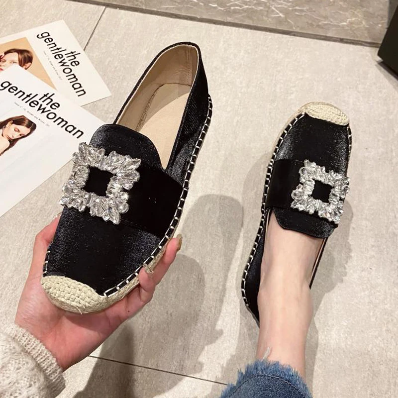 ผ้าซาตินผ้าไหม Espadrille รองเท้าแตะผู้หญิงบิ๊กสแควร์คริสตัล Buckle Loafers สุภาพสตรีออกแบบแบรนด์ Elegant Slip-On Fishman