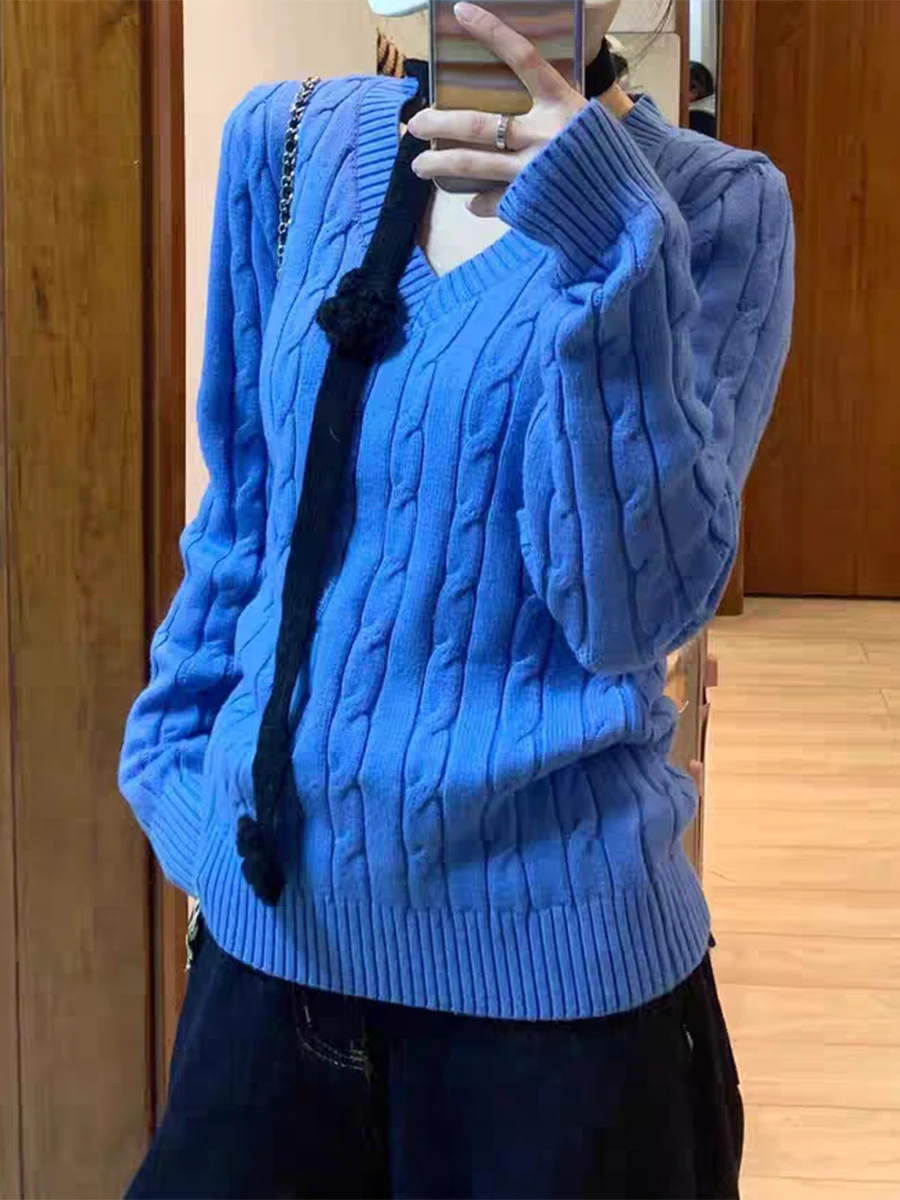 

Twisted Flower Royal Blue Slim Sweaters Woman Autumn V-neck Long Sleeve Pullover Tops Female Sweet Preppy Style Solid Jumpers