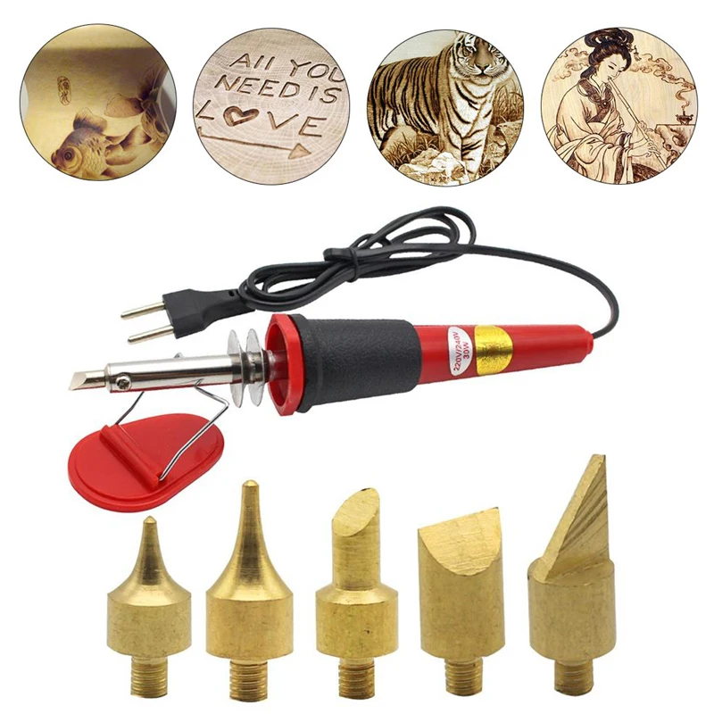 

7pcs 30W Wood Burning Pen Kit Soldering Iron Head Set Internal Heat Carving Welding Tips Embossing Pyrography Marking Stencil