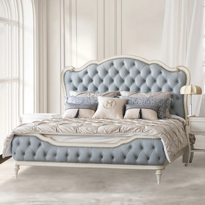 

!@French Design Solid Wood Bedroom Furniture Leather Headboard king Size Luxury Bedroom Furniture