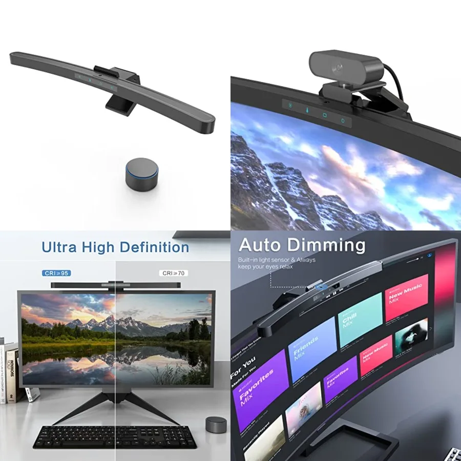 Curved Monitor Light Bar with Wireless Remote, Monitor Auto-Dimming and Camera Base, Applicable to All Screens. No Screen Glare