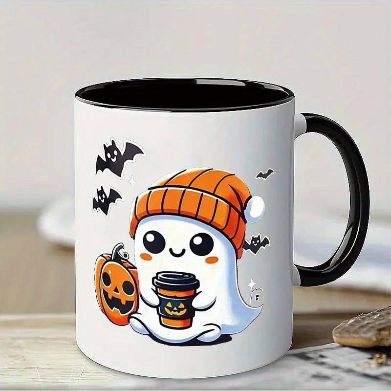Ceramic Halloween Themed Coffee Mug Featuring a Knit Beanie Ghost Design Capacity Adorned Blushing Ghost and Fluttering Bats