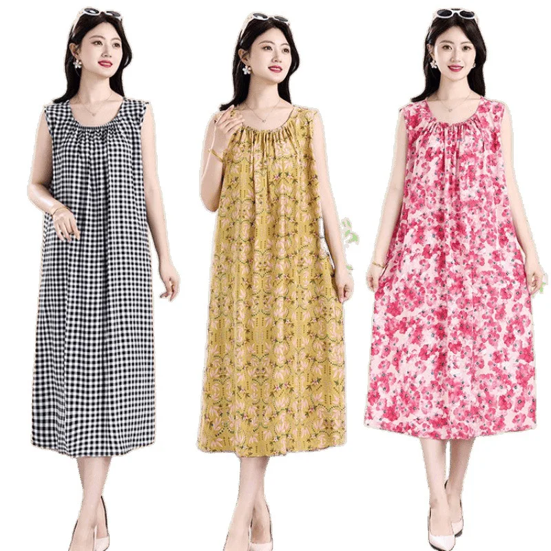 

Summer New Cotton Silk Dress Women's Loose Large Size Breathable Nightgown Can Be Worn Outside