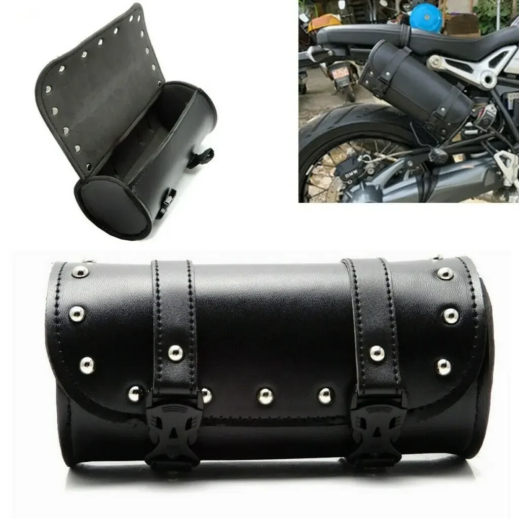 Motorcycle Saddlebag Mounting Straps PU Leather Black Motorcycle Front Fork Saddle Bag Handlebar Luggage Tool Bag 20.5*11cm