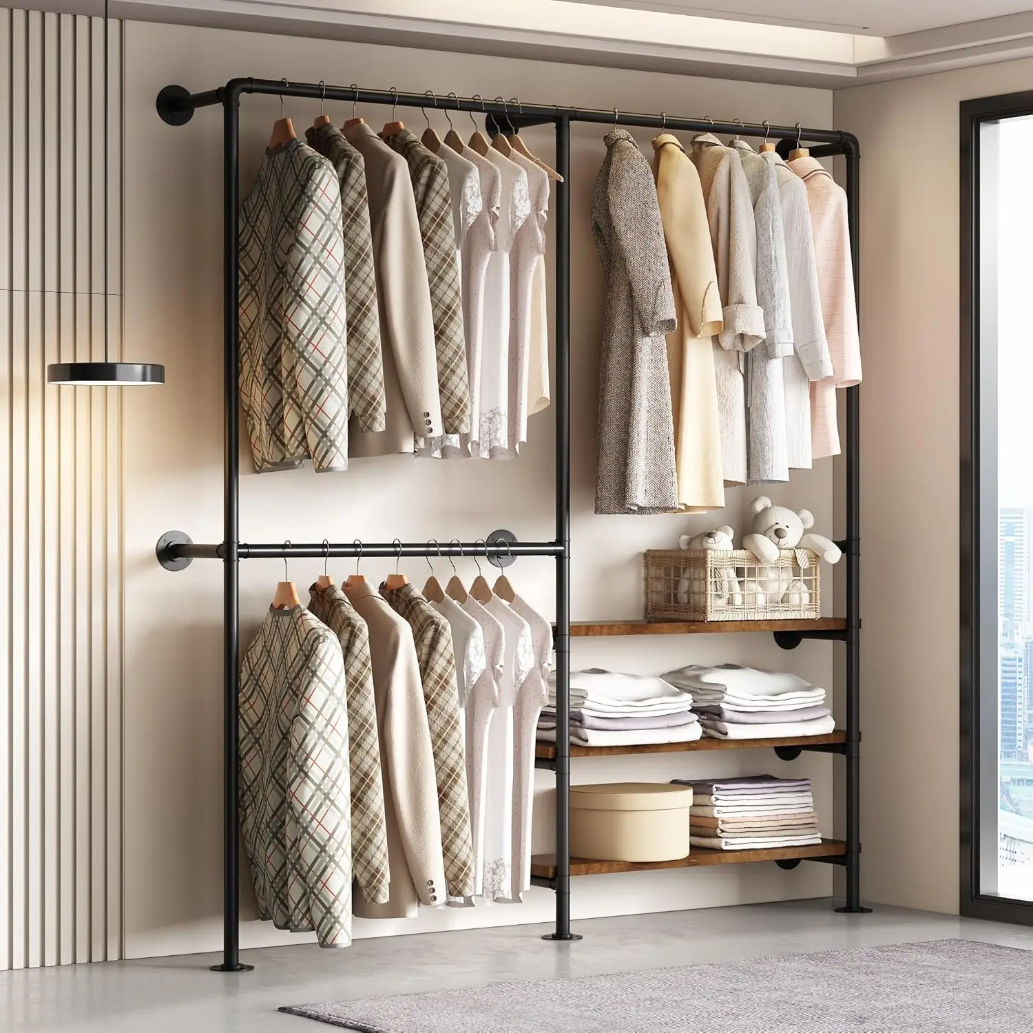 70.8 Inch Black Wall Mounted Industrial Pipe Garment Rack with Storage Shelves, Heavy Duty Multi-Purpose Wardrobe Clothes Hanging Closet Organizer view 7
